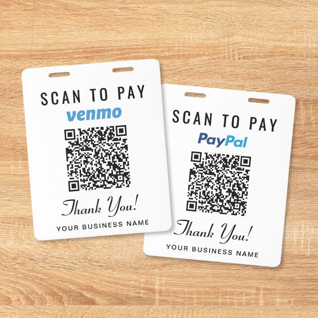 Tarjeta De Identificación Escanear para pagar Venmo PayPal Código QR Pago Co (Scan to Pay Venmo PayPal QR Code Business Payment Badge)