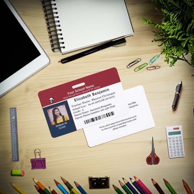 Tarjeta de identificación Escuela de Niños Estudia (ID Identification Card Student Child Kids School Badge is great for your child to carry every day. )
