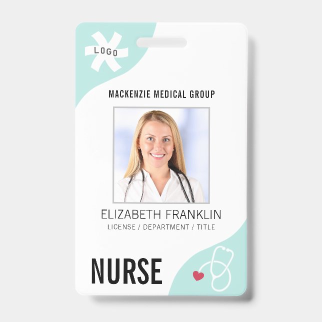 Tarjeta De Identificación Estetioscopio Médico Mint Editable Green NURSE (Anverso)