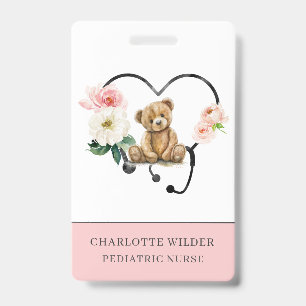 Tarjeta De Identificación Estetoscopio Floral de Oso de Peluche para Enferme