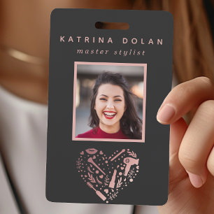 Tarjeta De Identificación Estilista de cabello Foto Corazón Salón Rose Gold