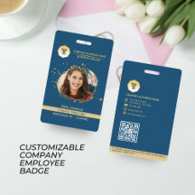 Etiqueta de código QR de empleado dorado y azul, a