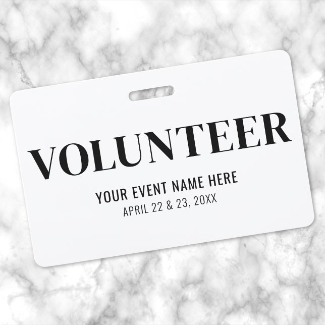 Tarjeta De Identificación Evento de Voluntario Blanco Negro (Black White Volunteer Event Badge)