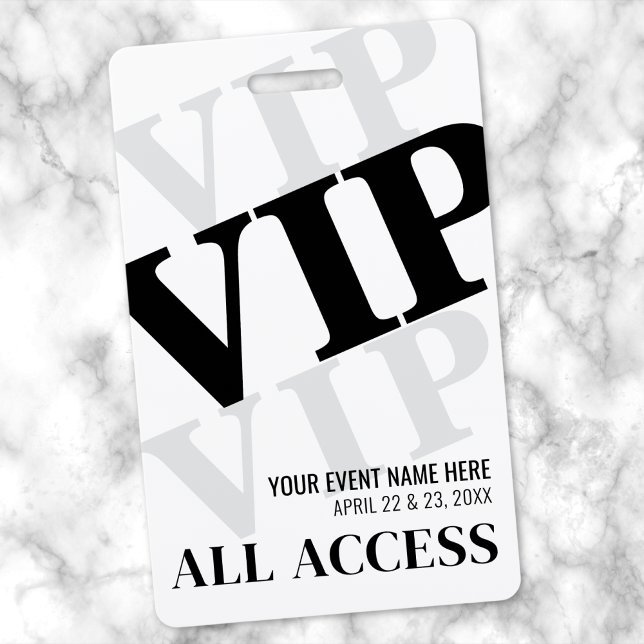Tarjeta De Identificación Evento VIP Moderno Blanco y Negro (Black White Simple VIP Event Badge)