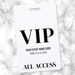 Tarjeta De Identificación Evento VIP Simple Blanco Negro