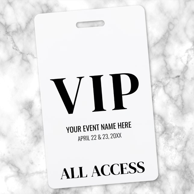 Tarjeta De Identificación Evento VIP Simple Blanco Negro (Black White Simple VIP Event Badge )