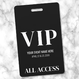 Tarjeta De Identificación Evento VIP Simple Elegante Blanco y Negro