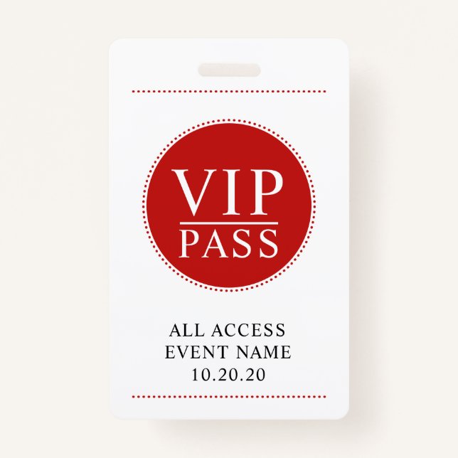 Tarjeta De Identificación Evento VIP Todo Acceso Simple Blanco Rojo (Anverso)