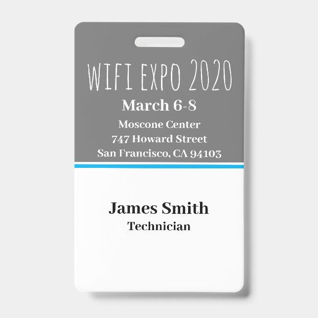 Tarjeta De Identificación Expo ID Vertical Gris, Blanco y Azul (Parte frontal)