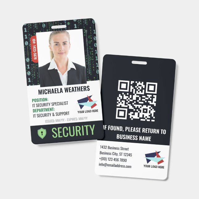 Tarjeta De Identificación Falling Code Cyber Security Shield Employee ID (Parte frontal y trasera)
