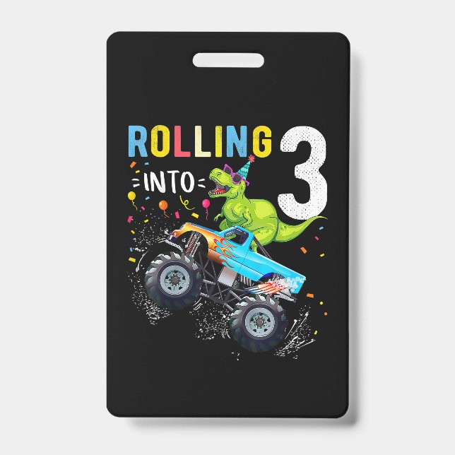 Tarjeta De Identificación Familia de Camiones Monstruos Dinosaurios de 3 año (Parte frontal)