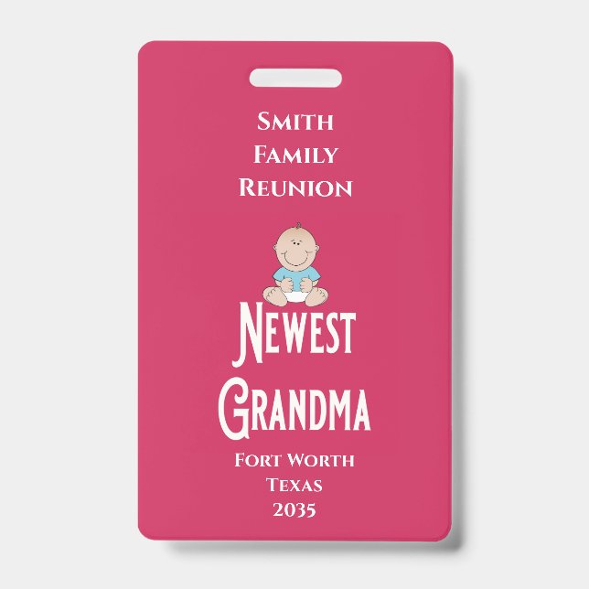Tarjeta De Identificación Family Reunion Award Baby Boy Newest Grandma  (Front)