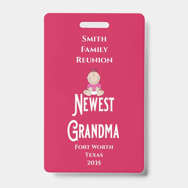 Tarjeta De Identificación Family Reunion Award Baby Girl Newest Grandma  (Front)