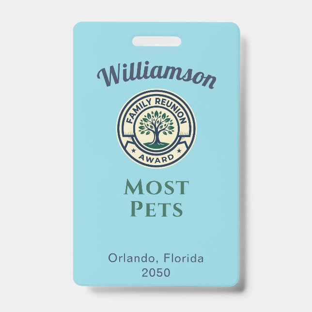 Tarjeta De Identificación Family Reunion Best Award Most Pets (Front)