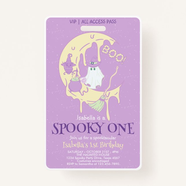 Tarjeta De Identificación Fantasma lindo Fantasma Primer cumpleaños Hallowee (Anverso)