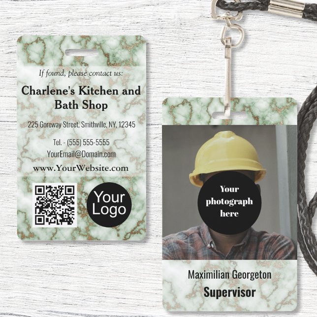 Tarjeta De Identificación Faux Green Gold Marble ID (Faux Green Gold Marble ID Badge by Office Accessories Shop)