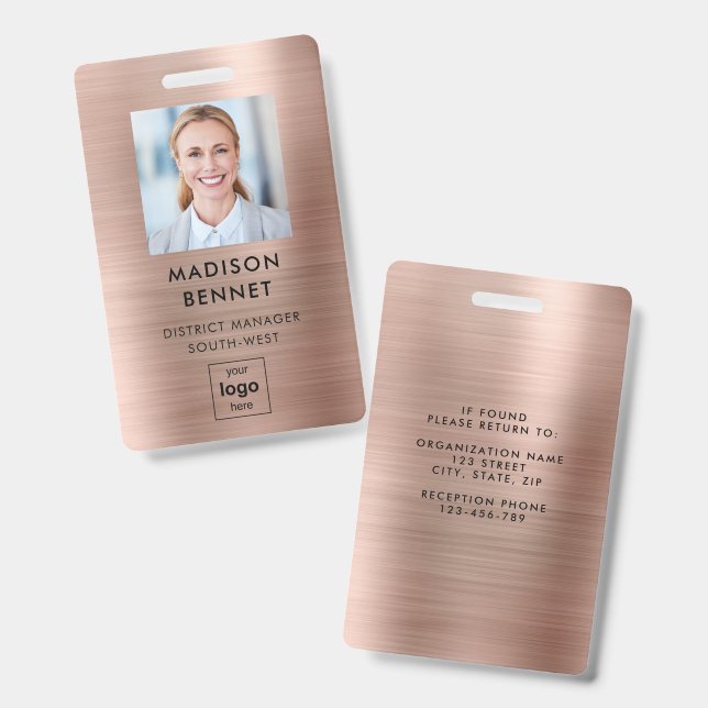 Tarjeta De Identificación Faux moderno Rosa Gold Metallic Corporate Photo (Parte frontal y trasera)