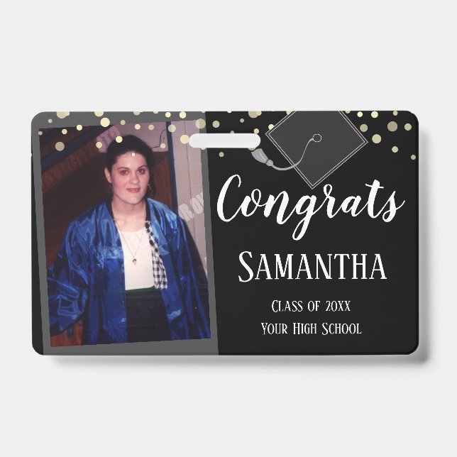 Tarjeta De Identificación Felicidades Graduados de Una Foto Insignia Negra (Parte frontal)