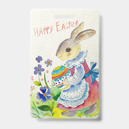 Tarjeta De Identificación Feliz Pascua. Conejito blanco con huevos