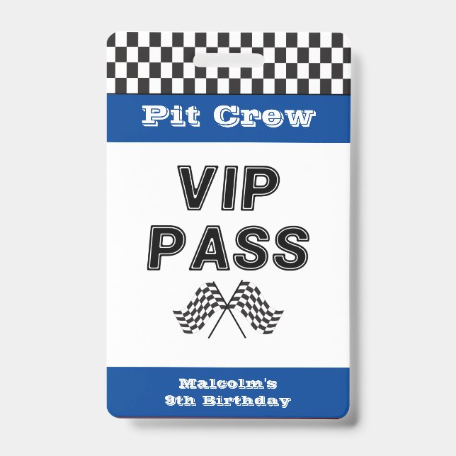 Tarjeta De Identificación Fiesta de Carreras Azul Pit Crew VIP Pit Pit (Front)