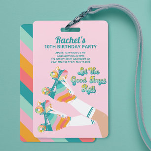 Tarjeta De Identificación Fiesta de cumpleaños de patinaje retro rosa 