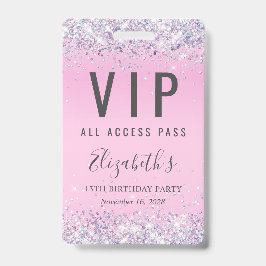 Tarjeta De Identificación Fiesta de cumpleaños del Purpurina rosado VIP Pass