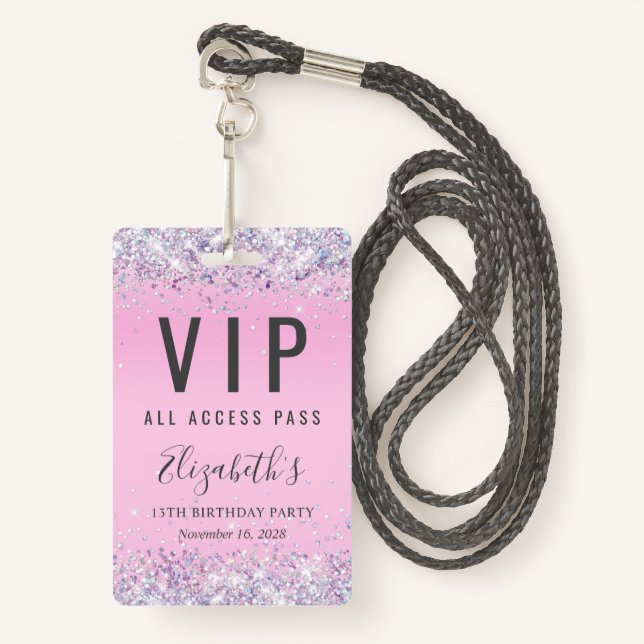 Tarjeta De Identificación Fiesta de cumpleaños del Purpurina rosado VIP Pass (Anverso son cordón)