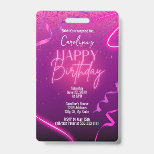 Tarjeta De Identificación Fiesta de Cumpleaños Sorpresa Neon Confeti Rosa Pú