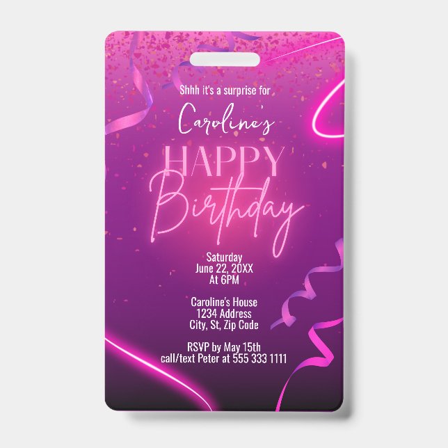 Tarjeta De Identificación Fiesta de Cumpleaños Sorpresa Neon Confeti Rosa y  (Parte frontal)