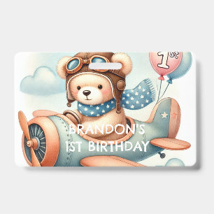 Tarjeta De Identificación Fiesta del primer cumpleaños de Airplane Boy Bear