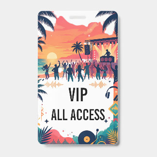 Tarjeta De Identificación Fiesta VIP de DJ en la Playa con Acuarela Tropical