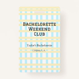 TARJETA DE IDENTIFICACIÓN FIN DE SEMANA RETRO DE SOLTERA CLUB AZUL AMARILLO 