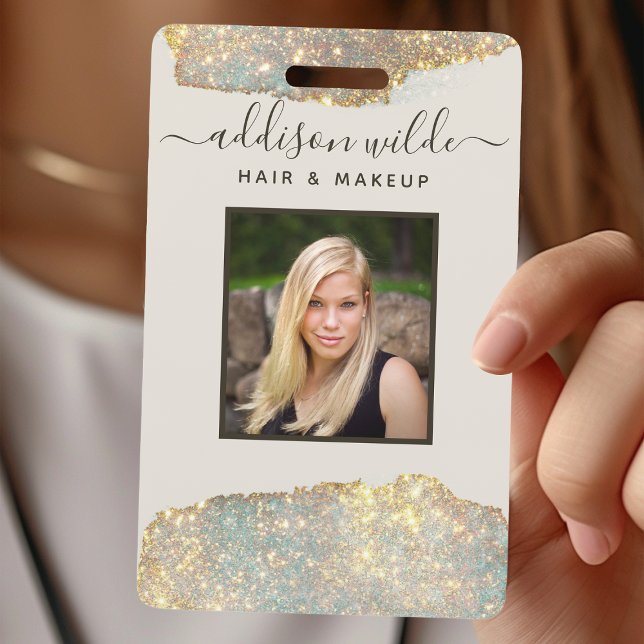 Tarjeta De Identificación Firma Holográfica Script Moda Purpurina Salon ID (Subido por el creador)