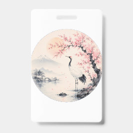 Tarjeta De Identificación Flor de Cerezo Japonés Sakura y Grulla Estética