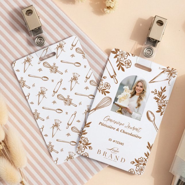 Tarjeta De Identificación Floral Baking Utensils Bakery Logo Employee Photo (Floral Baking Utensils Bakery Logo Employee Photo Badge)