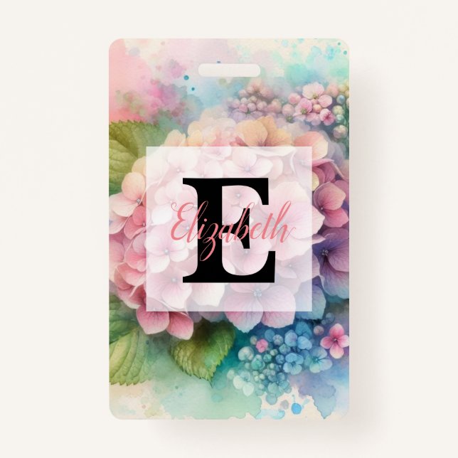 Tarjeta De Identificación Floral watercolor monogram pink hydrangea  (Anverso)