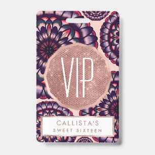 Tarjeta De Identificación Flores acrílicas púrpura bohemias de color rosa