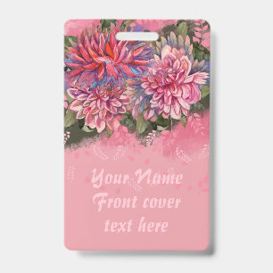 Tarjeta De Identificación Flores de dalias rosadas acuarela