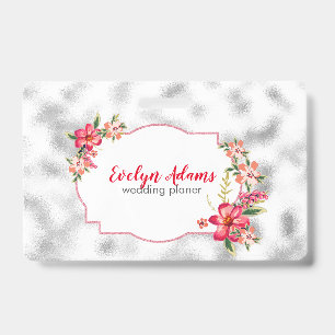 Tarjeta De Identificación Flores rosas y vidrio borroso plateado