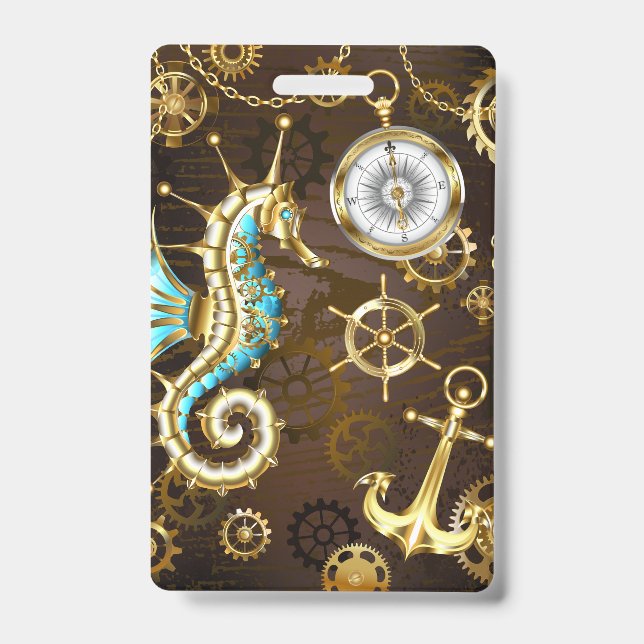 Tarjeta De Identificación Fondo de madera con caballito de mar mecánico (Parte frontal)