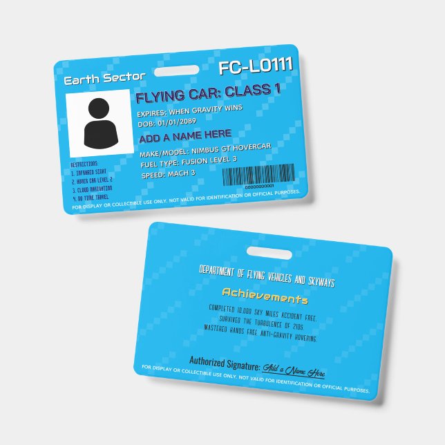 Tarjeta De Identificación For Display Only Flying Car License Badge (Parte frontal y trasera)