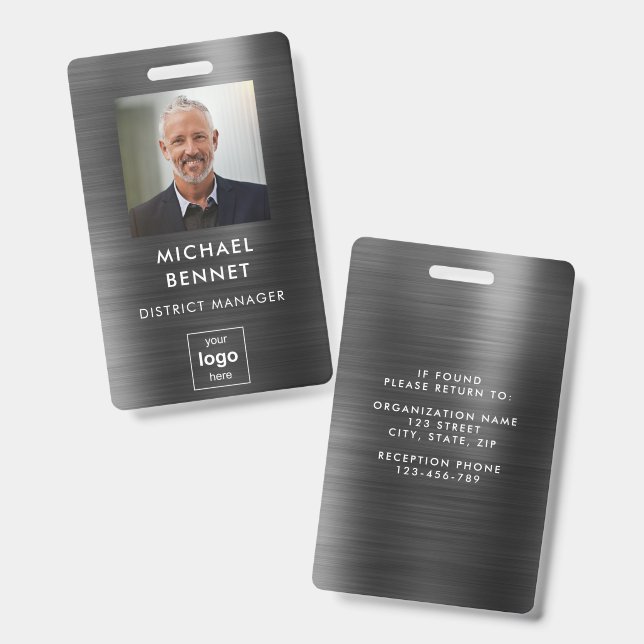 Tarjeta De Identificación Foto de empleado Metalizado negro moderno (Parte frontal y trasera)