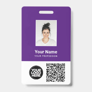 Tarjeta De Identificación Foto de empleado morado, código Qr y barra, logoti