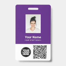 Tarjeta De Identificación Foto de empleado morado, código Qr y barra, logoti