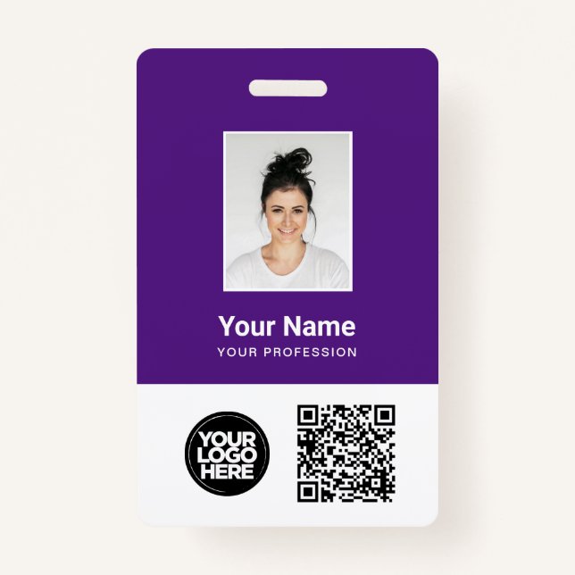 Tarjeta De Identificación Foto de empleado morado, código Qr y barra, logoti (Anverso)