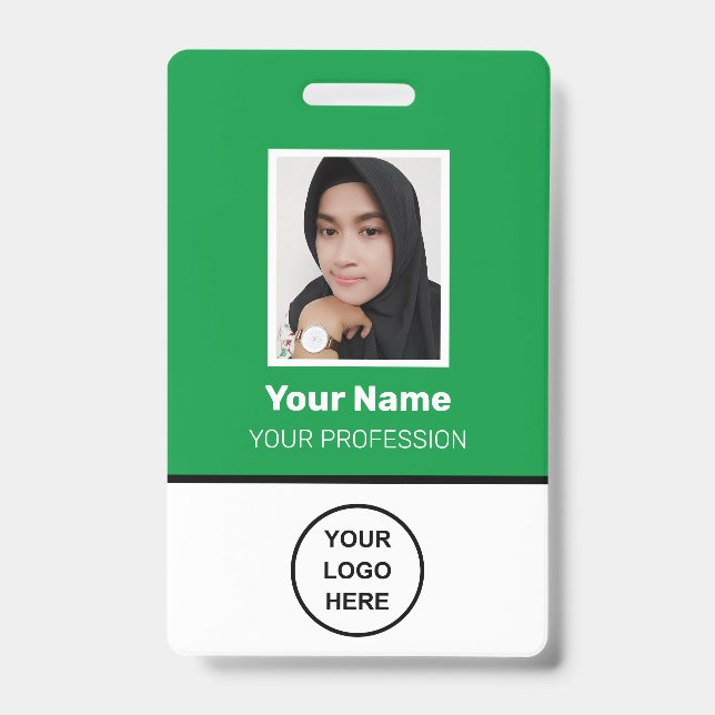 Tarjeta De Identificación Foto de empleado personalizada verde, código de ba (Parte frontal)