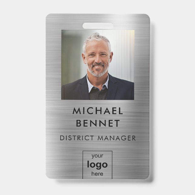 Tarjeta De Identificación Foto de empleado plateado moderno ID (Front)