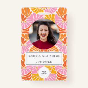 Tarjeta De Identificación Foto de empleado único de Groovy Pink Boho Floral.