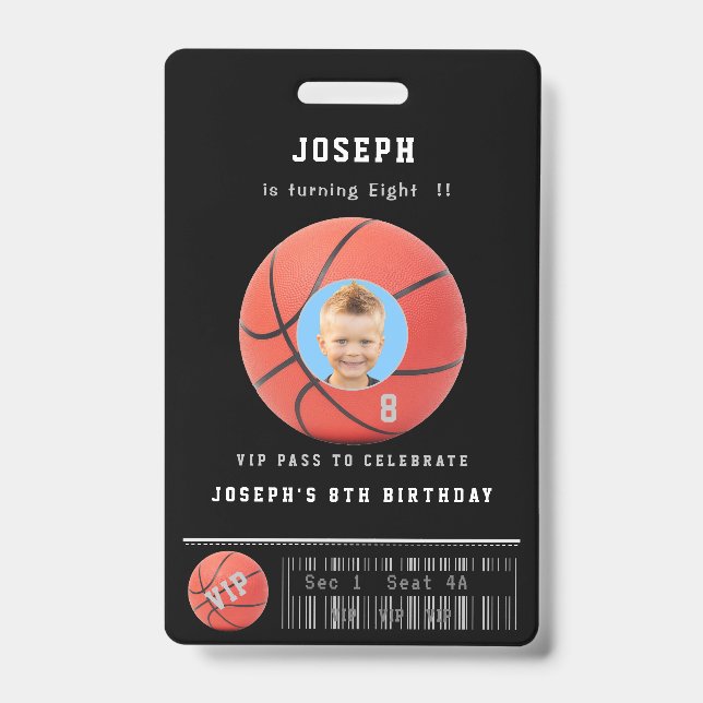 Tarjeta De Identificación Foto de evento VIP de baloncesto Cumpleaños (Parte frontal)
