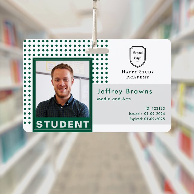 Tarjeta De Identificación Foto de identificación de estudiante moderna de Un (Modern Student ID Photo Dark Green University Badge )